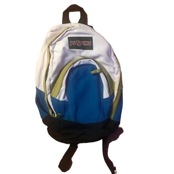 Vintage 2000s Jansport Basic White Blue Green Canvas Backpack School Bag Medium - Picture 1 of 5